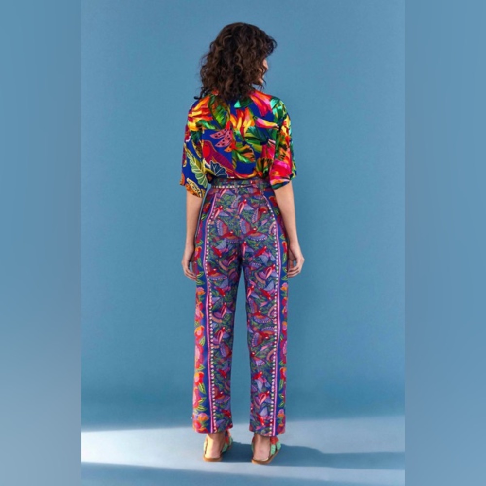 FARM Rio Macaw Print High Waist Belted Pants 100% Cotton Colorful Tropical Patte - Picture 4 of 16